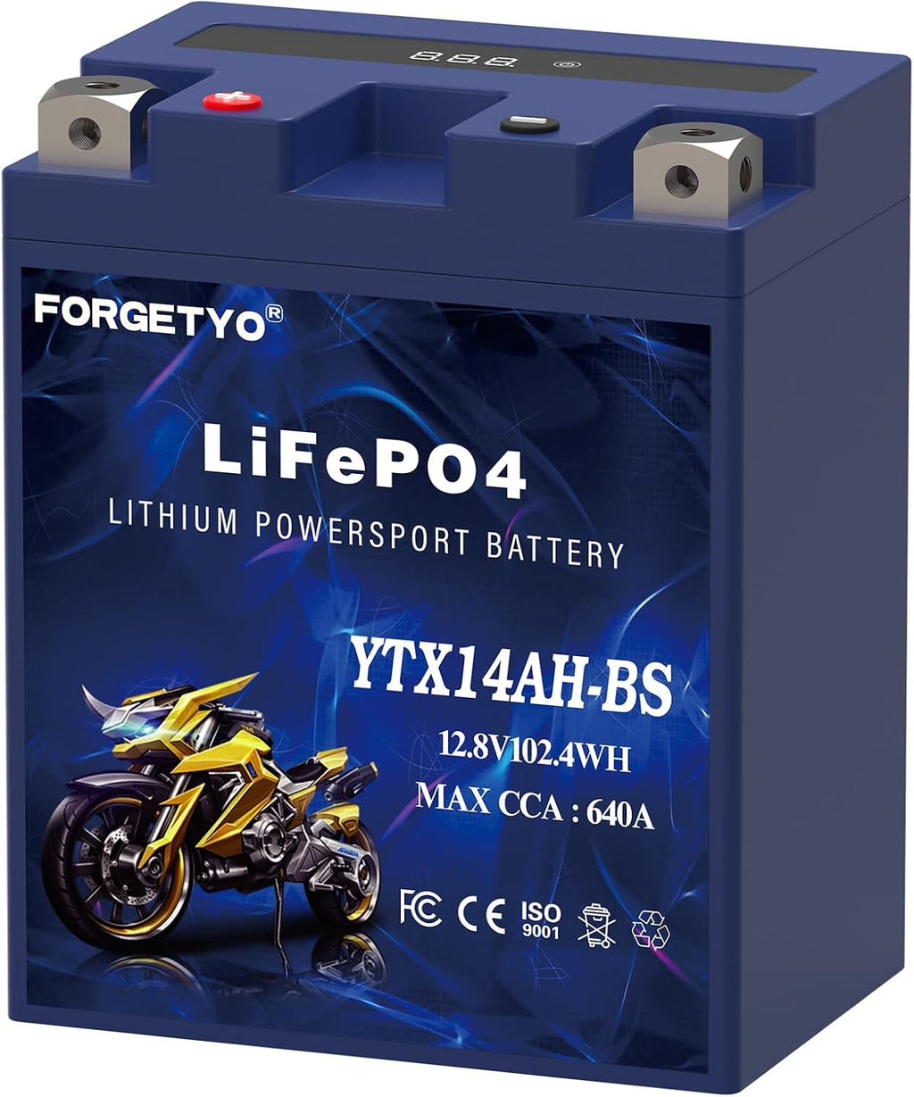 Lithium Motorcycle Battery, Forgetyo YTX14AH-BS 12V 8AH 640A LiFePO4 Lithium Battery, ATV, UTV, Jet Ski Battery