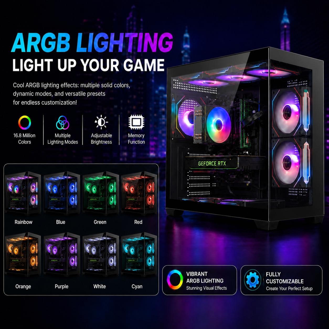 Gaming PC Computer Desktop – i7 Xeon E5 3.20GHz, Radeon RX580 8GB, 16GB RAM, 512GB SSD + 1TB HDD, WiFi 6 & Bluetooth 5.4, 9× ARGB Fans, Windows 11Pro, High-Performance Gaming Tower