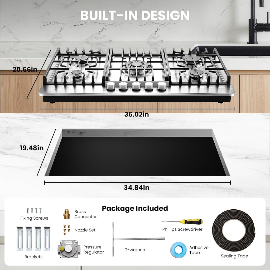 36 Inch Gas Cooktop with 5 Sealed Burners, Stainless Steel Propane Stove Top, NG/LPG Convertible, Built-in Stovetop with Thermocouple Protection for Rvs Kitchen Outdoor