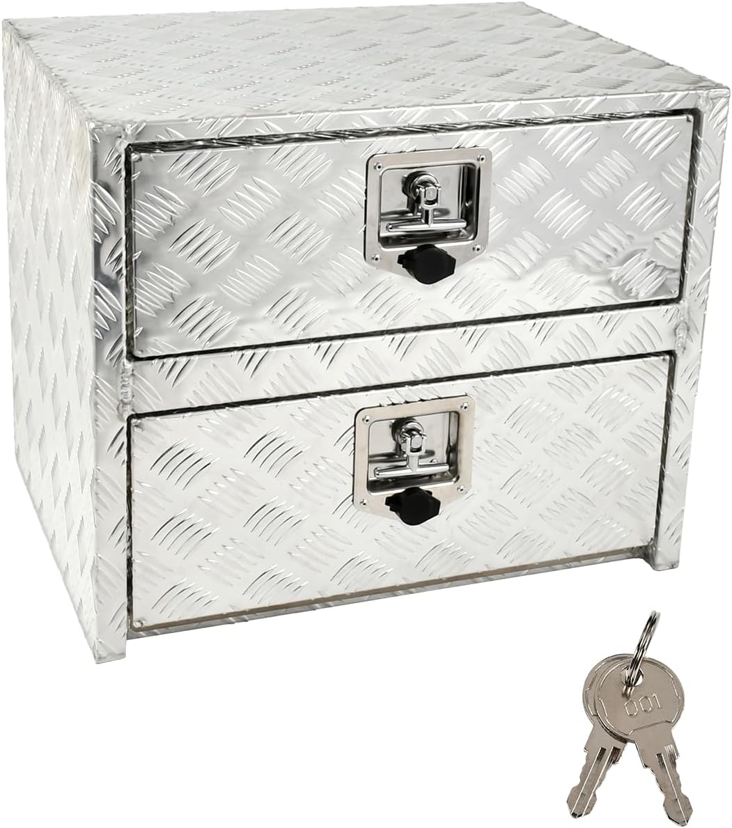 24'' Inch Silver Aluminum Underbody Truck Box w/Drawer & Lock T-Handle Latch Key 24 x 18 x 20 Inch Truck Tool Box Job Box For Storage & Organization