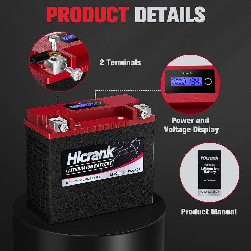 YTX20L-BS/YTX20HL LiFePO4 Lithium Motorcycle Battery, 12V 12Ah,600CCA, Fits for ATV, UTV,Jet Ski, Riding Lawn Mower and Generator