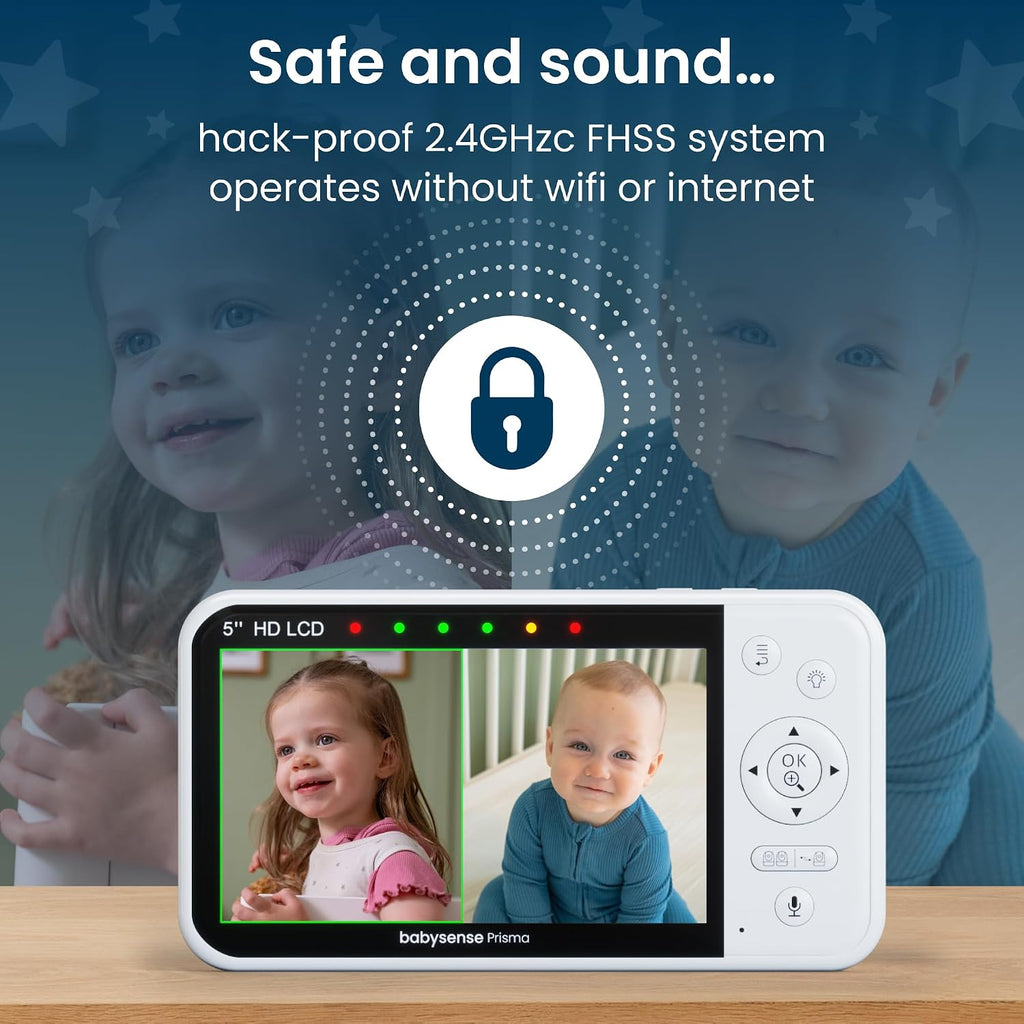 Babysense Prisma Baby Monitor with Camera and Audio, 5' HD Video Baby Monitor, 6-Color Night Light, Split Screen, Baby Sound Machine with White Noise & Lullabies, Secure No WiFi