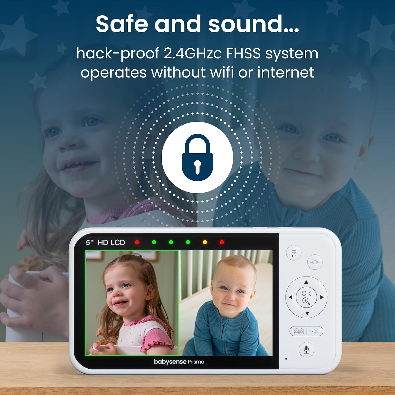 Babysense Prisma Baby Monitor with Camera and Audio, 5' HD Video Baby Monitor, 6-Color Night Light, Split Screen, Baby Sound Machine with White Noise & Lullabies, Secure No WiFi