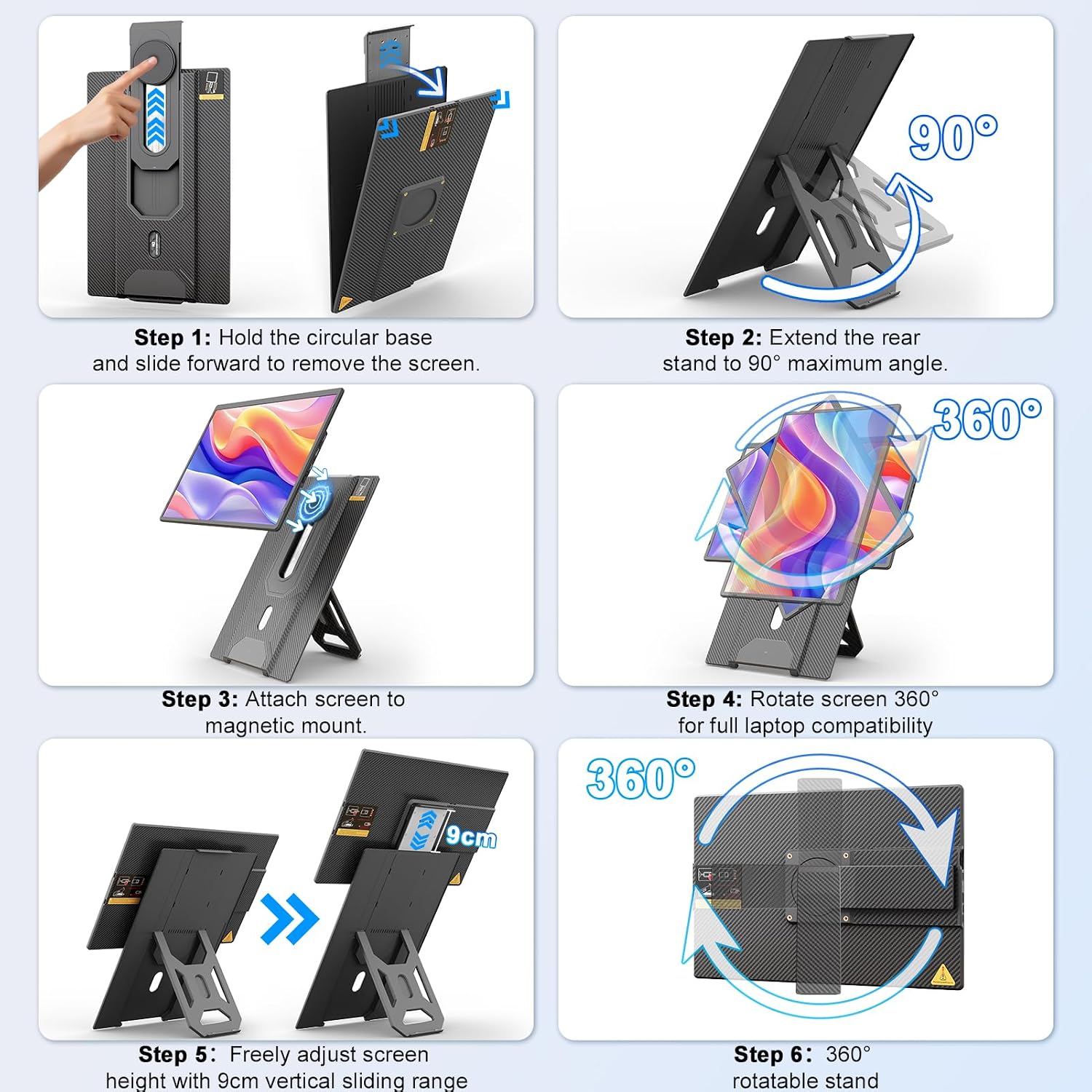 domyfan 16.1'' Laptop Screen Extender, 360° Rotating Detachable Stand/VESA Support, FHD 1200P IPS Portable Monitor, Plug & Play with HDMI/USB-A/Type-C, Compatible Win/Mac/Android