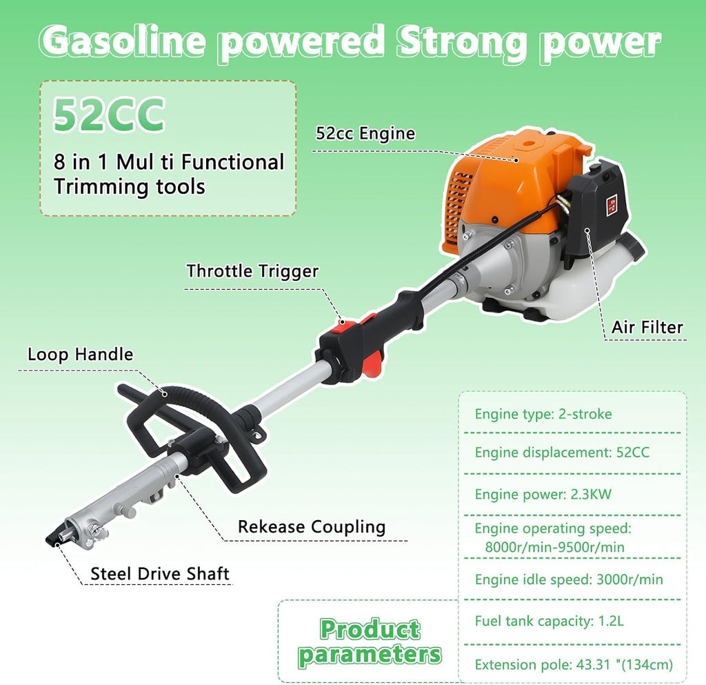 8-in-1 Weed Eater Gas Powered - 52CC 2-Stroke Multi-Functional Trimming Tool Set, String Trimmer, Hedge Trimmer, Edger, Brush Cutter, Pole Chainsaw Pruner with Extension Pole for Yard, Garden