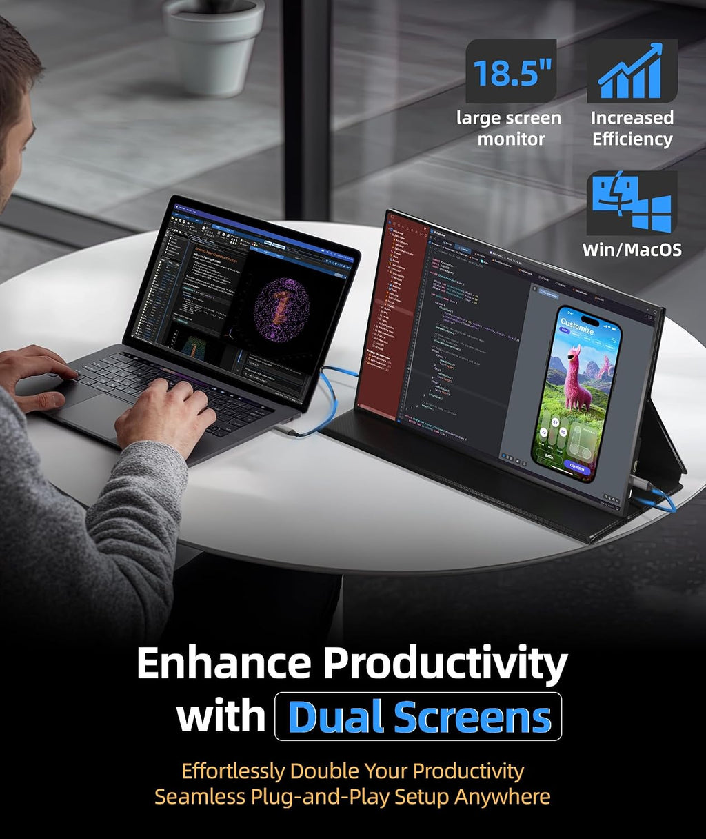 Ingnok Portable Monitor, 18.5 Inch FHD 1080P 100% sRGB Laptop Screen Extender USB C HDMI Portable Gaming Monitor w/Smart Cover & Speakers, External Monitor for Laptop Mac PC