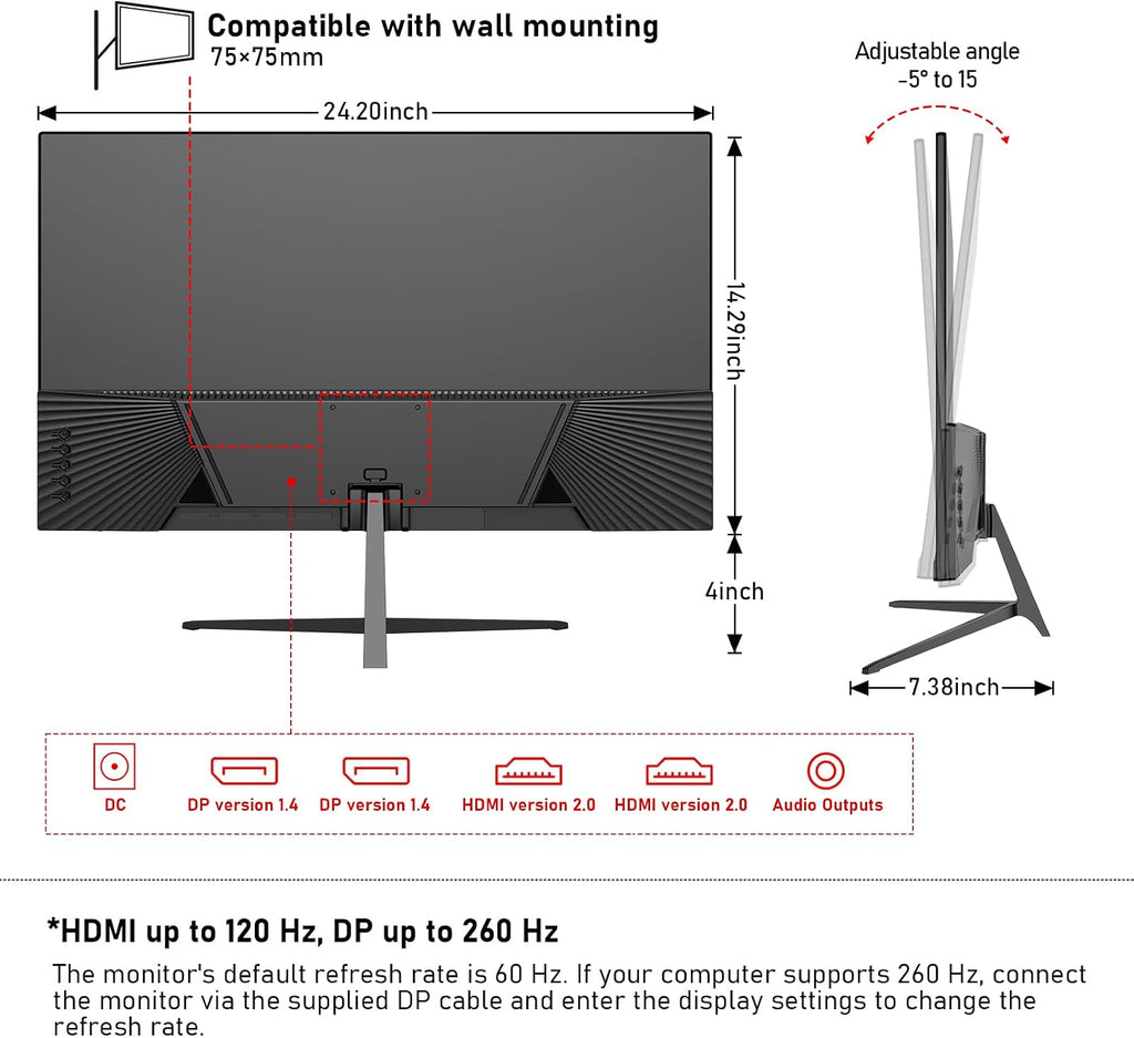 Gawfolk 27 Inch Gaming Monitor IPS 260Hz, QHD 2560 * 1440p PC Monitors, Computer Screen for Home & Office, Support HDMI & DP, Wall Mount Compatible 75 * 75mm, Black