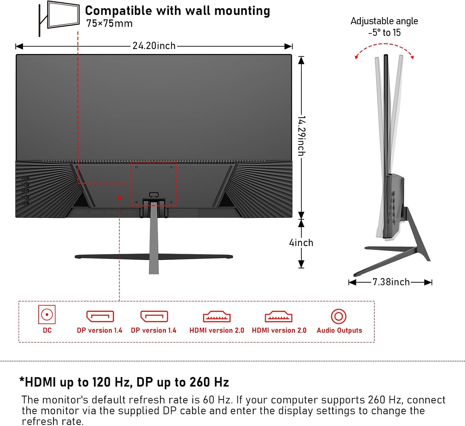 Gawfolk 27 Inch Gaming Monitor IPS 260Hz, QHD 2560 * 1440p PC Monitors, Computer Screen for Home & Office, Support HDMI & DP, Wall Mount Compatible 75 * 75mm, Black