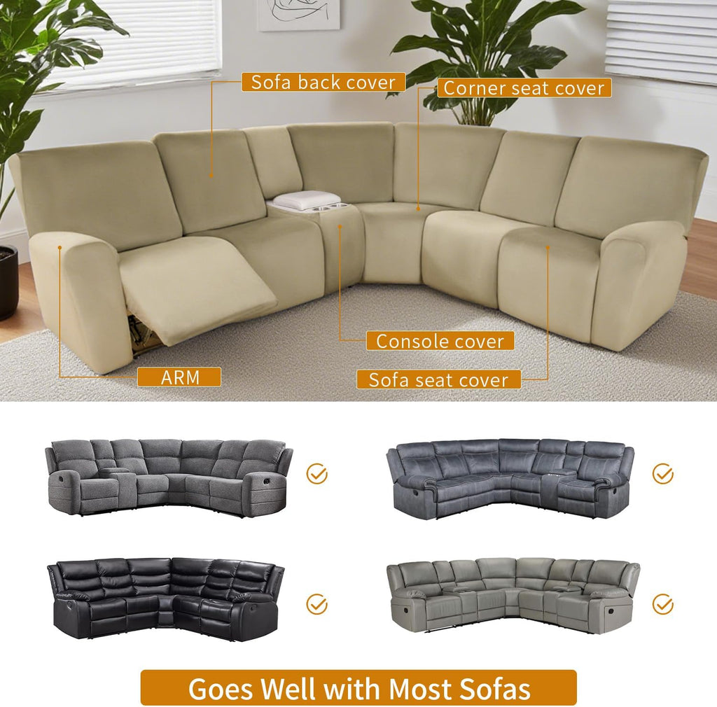 HDCAXKJ Reclining Sectional Couch Covers Velvet L Shaped Sectional Sofa Cover Washable Stretch Soft Corner Recliner Slipcover with Non-Slip Elastic Bottom (5 Seat and 2 Middle Console, Brown Khaki)