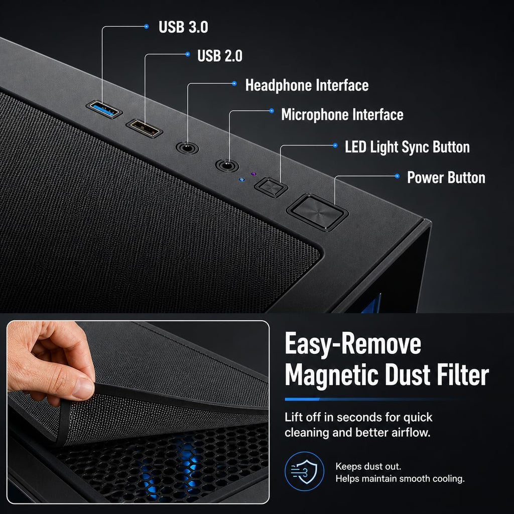 Gaming PC Computer Desktop – i7 Xeon E5 3.20GHz, Radeon RX580 8GB, 16GB RAM, 512GB SSD + 1TB HDD, WiFi 6 & Bluetooth 5.4, 9× ARGB Fans, Windows 11Pro, High-Performance Gaming Tower