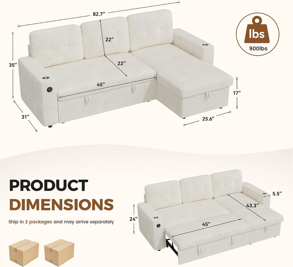 Luxanimarion 83'' Pull Out Sofa Bed, 2 in 1 Convertible Sleeper Sofa Couch with Storage Chaise & USB Charging, Comfy Corduroy Modular Couches for Living Room Apartment,Beige 1 PCS