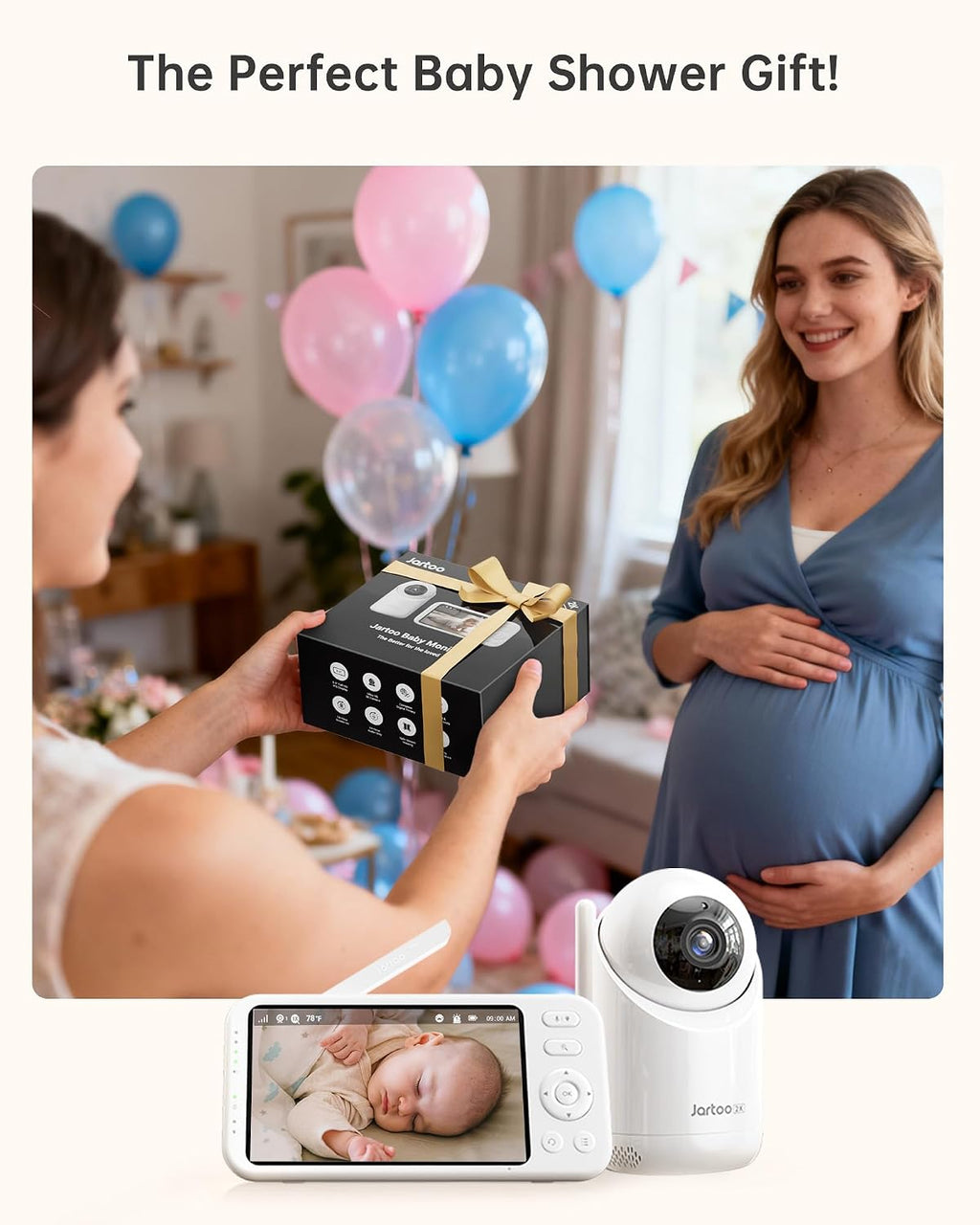 Jartoo 2K 5.5' Video Baby Monitor with Camera and Audio,AI Cry Detect 1860ft Long Range Baby Monitor No WiFi Baby Camera Wireless,Clear Night Vision,ANC, 2-Way Talk,White Noise,6000mAh [2025 New]