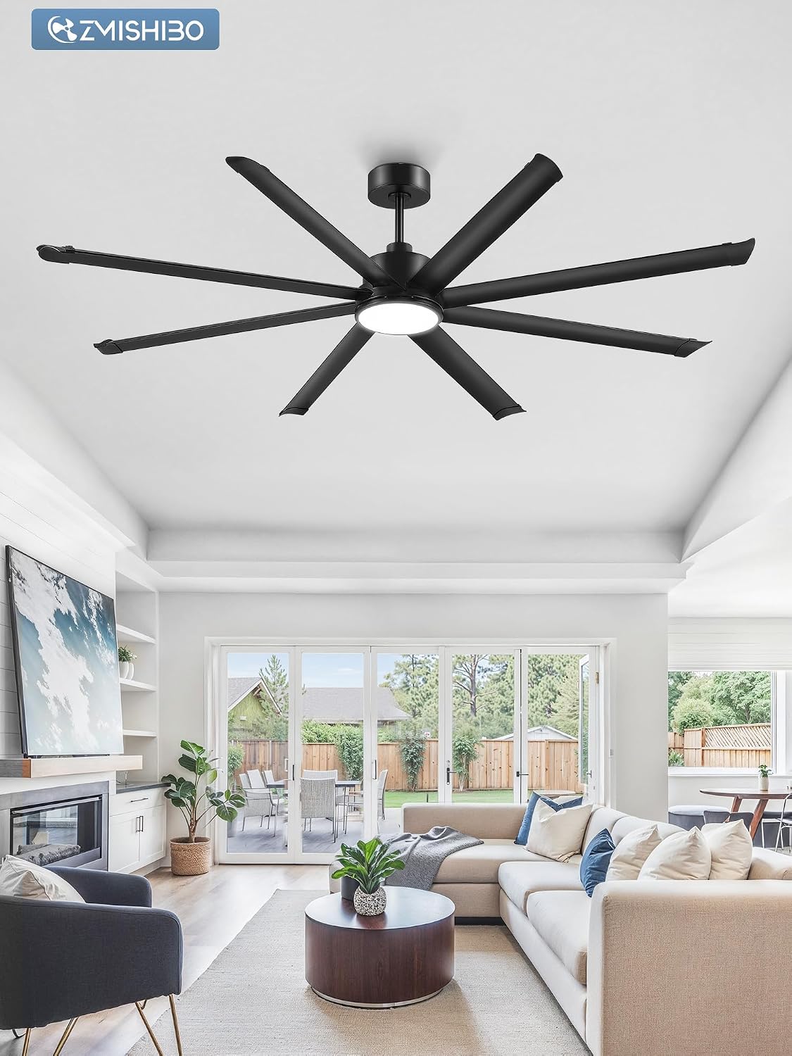 ZMISHIBO 84 Inch Ceiling Fans with Lights, Indoor/Outdoor Industrial Ceiling Fan with 8 Aluminum Reversible Blade, Quiet DC Motor, 3CCT&6-Speed Remote Control, Damp Rated for Living Room/Garage/Gazebo