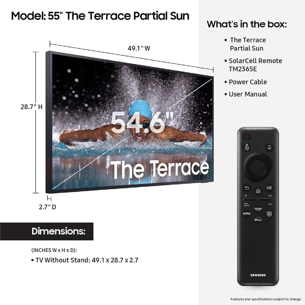 SAMSUNG 55-Inch Class Neo QLED 4K The Terrace Partial Sun, Quantum HDR+(QN55LST7DAFXZA, 2024 Model) + SAMSUNG HW-LST70T 3.0ch The Terrace Outdoor, IP55 Weather Resistant,