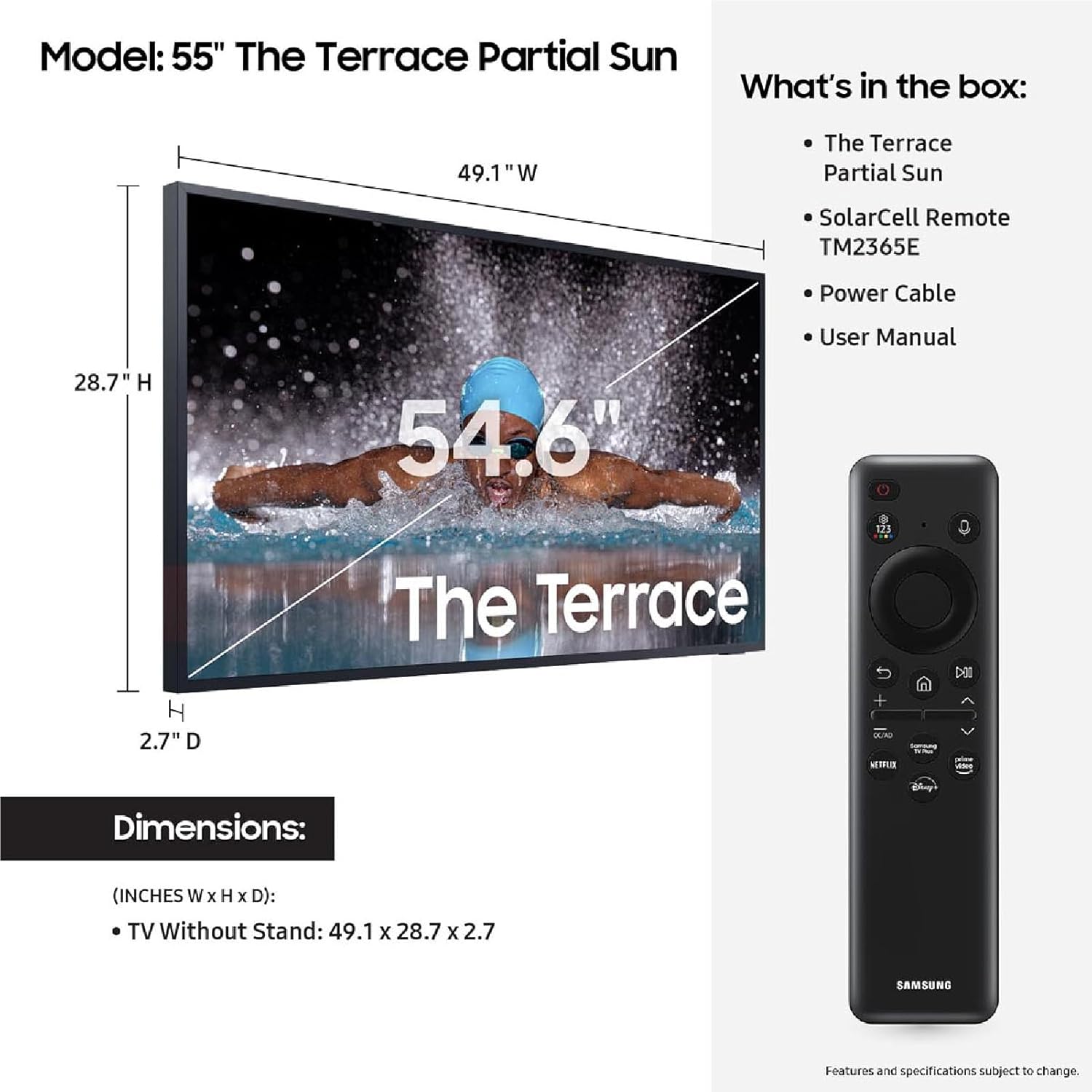 SAMSUNG 55-Inch Class Neo QLED 4K The Terrace Partial Sun, Quantum HDR+(QN55LST7DAFXZA, 2024 Model) + SAMSUNG HW-LST70T 3.0ch The Terrace Outdoor, IP55 Weather Resistant,