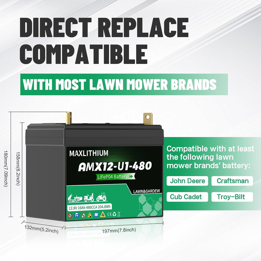 480CCA Group U1 Lithium LiFePO4 Lawn Mower Battery - 12.8V 16Ah with Power Indicator Compatible for Ride on Lawn Tractor, Fits for Craftsman, Cub Cadet, Troy-Bilt & Generators