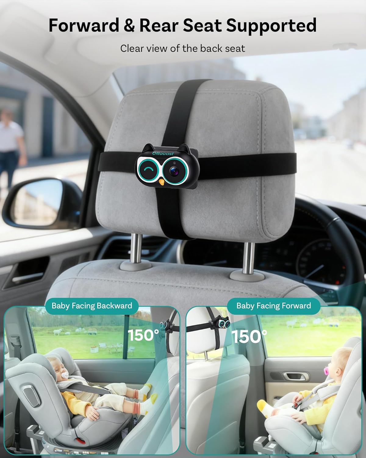 OTTOCAST Cabin Care Baby Car Camera with Wireless CarPlay Adapter, 1080P HD Baby Monitor with IR Night Vision, 150° Wide Angle, Real-Time Rear Seat View On Car Screen, Easy Install