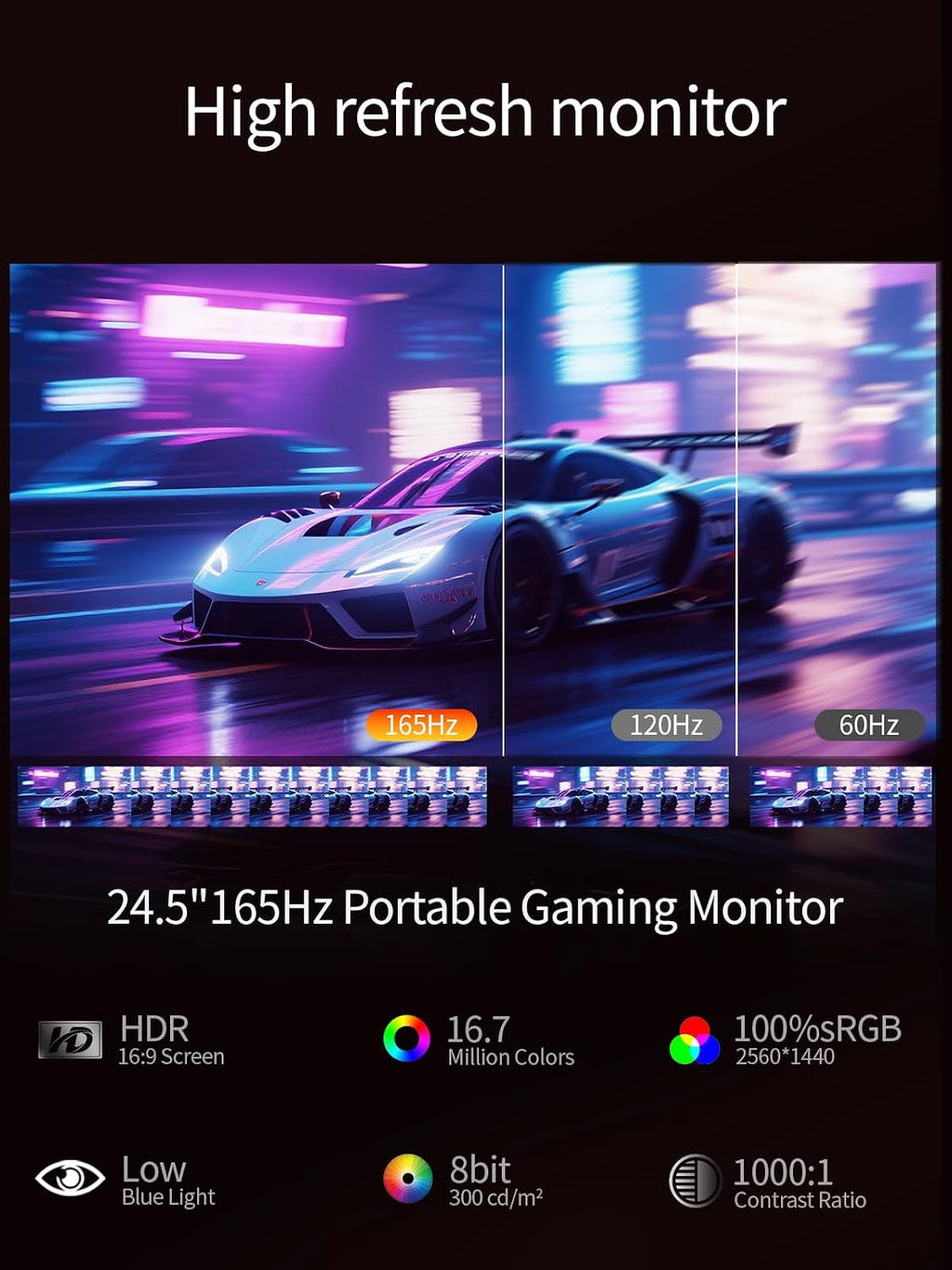 24.5' 2.5K Portable Monitor 160Hz QHD Gaming Monitor 100% sRGB IPS Large Screen, USB-C HDMI External Second Screen with Kickstand, Travel Monitor for Laptop, PC, Phone, VESA Mountable