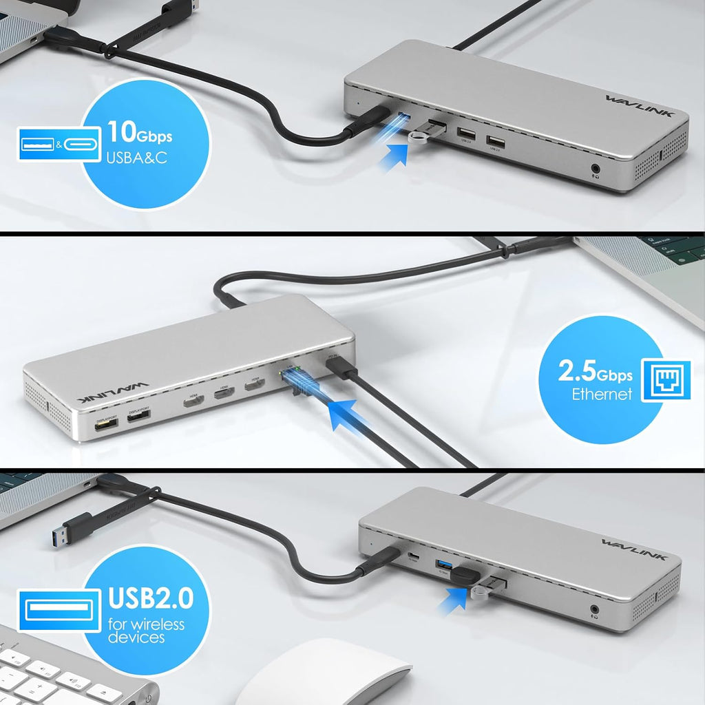 Docking Station 3 Monitors,WAVLINK SM770 Docking Station with Triple HDMI, Dual DP, 100W PD in,10Gb USB A&C,2.5G Ethernet,Compatible with MacBook Neo/Mac OS, SMI Driver & Host USB3.2 Gen 2 Required
