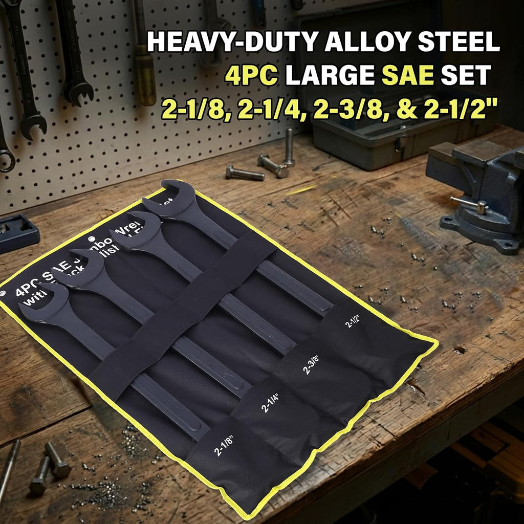 4PC Jumbo Combination Wrench Set, SAE 2-1/8'–2-1/2', Heavy-Duty Carbon Steel, Black Finish, Large Size Wrenches with Storage Bag