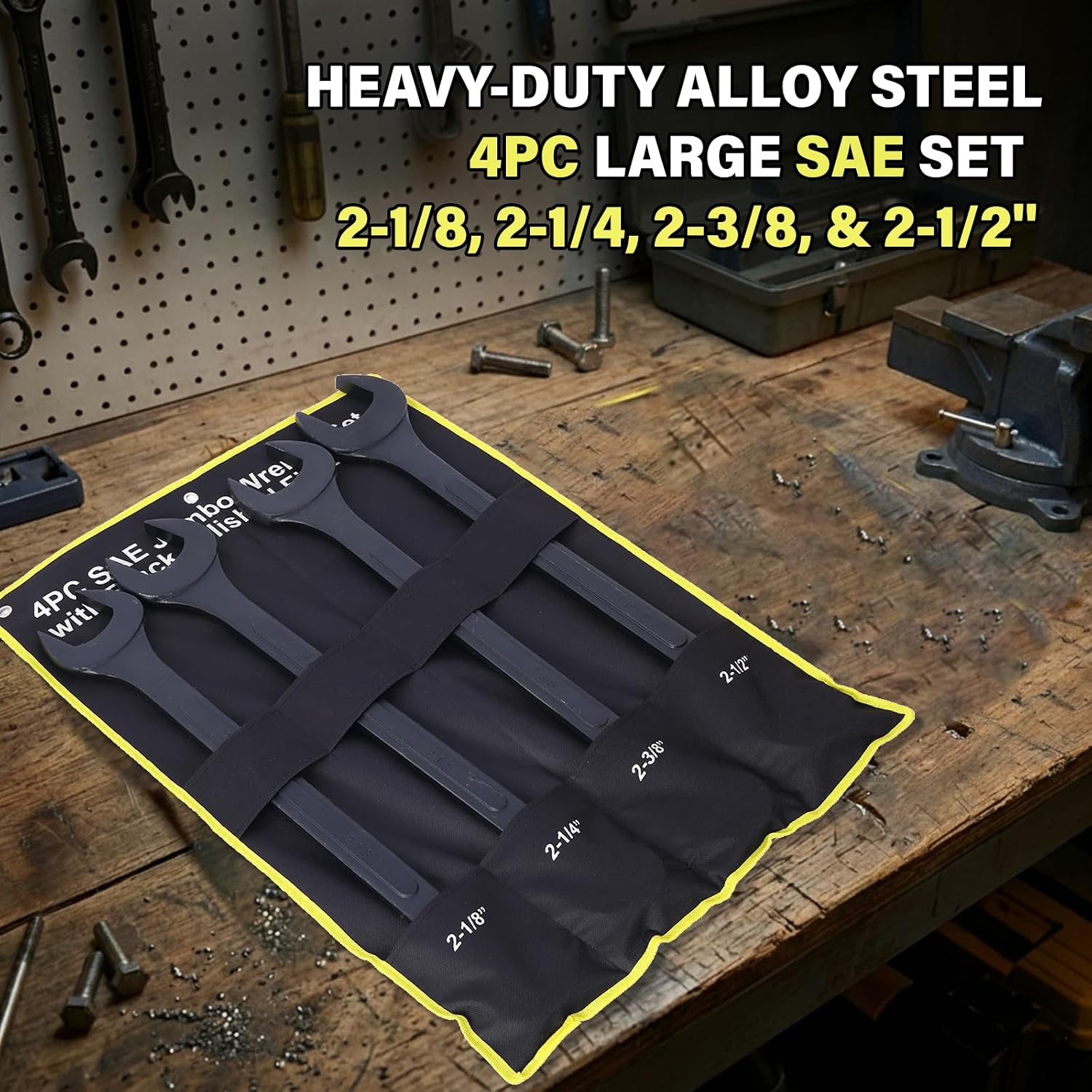4PC Jumbo Combination Wrench Set, SAE 2-1/8'–2-1/2', Heavy-Duty Carbon Steel, Black Finish, Large Size Wrenches with Storage Bag