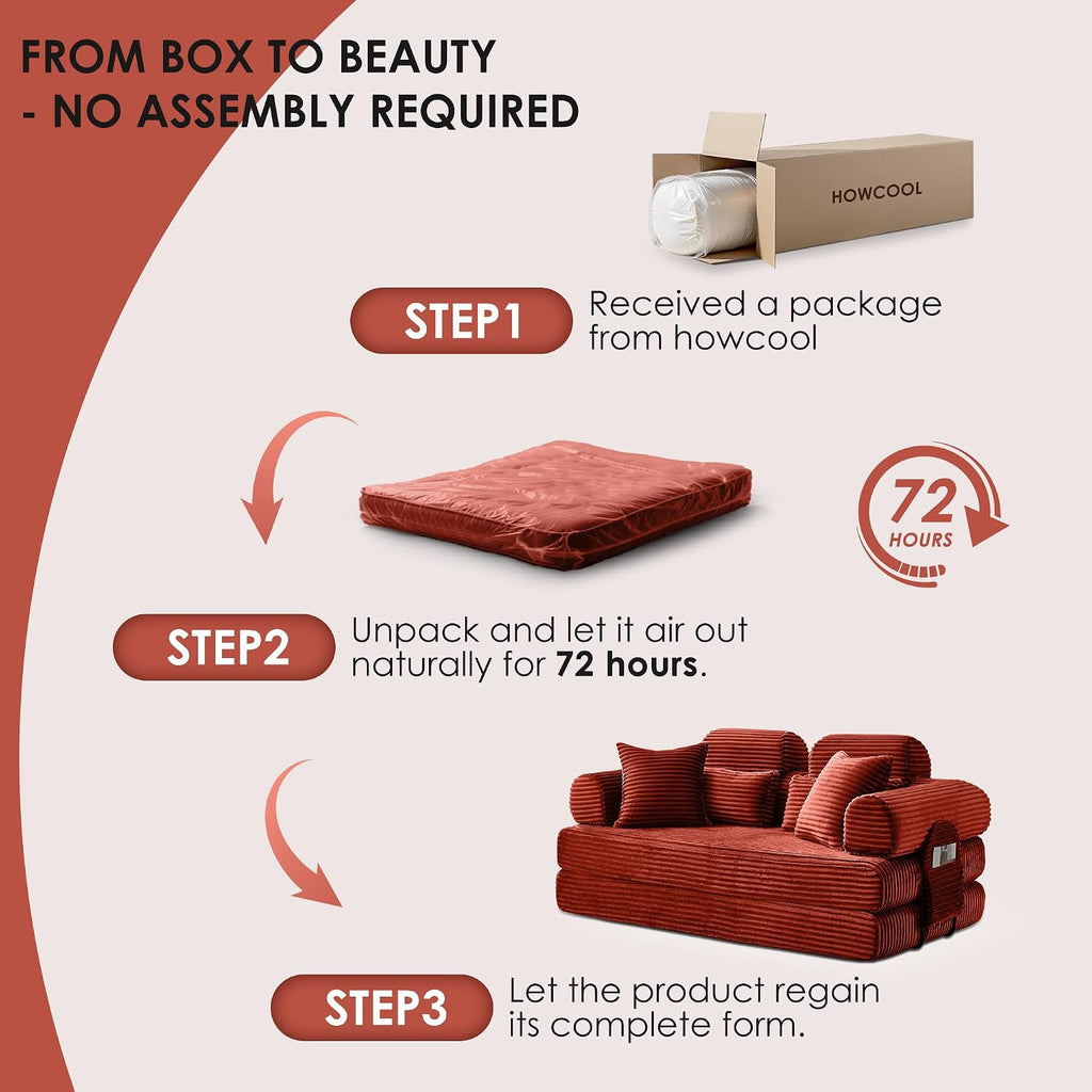 Convertible Sleeper Sofa Bed, 78.5' Corduroy Foldable Loveseat Sofa, Queen to King Size Boneless Couch Bed for Living Room | No Assembly Required | Memory Foam | Compression Sofa, Orange