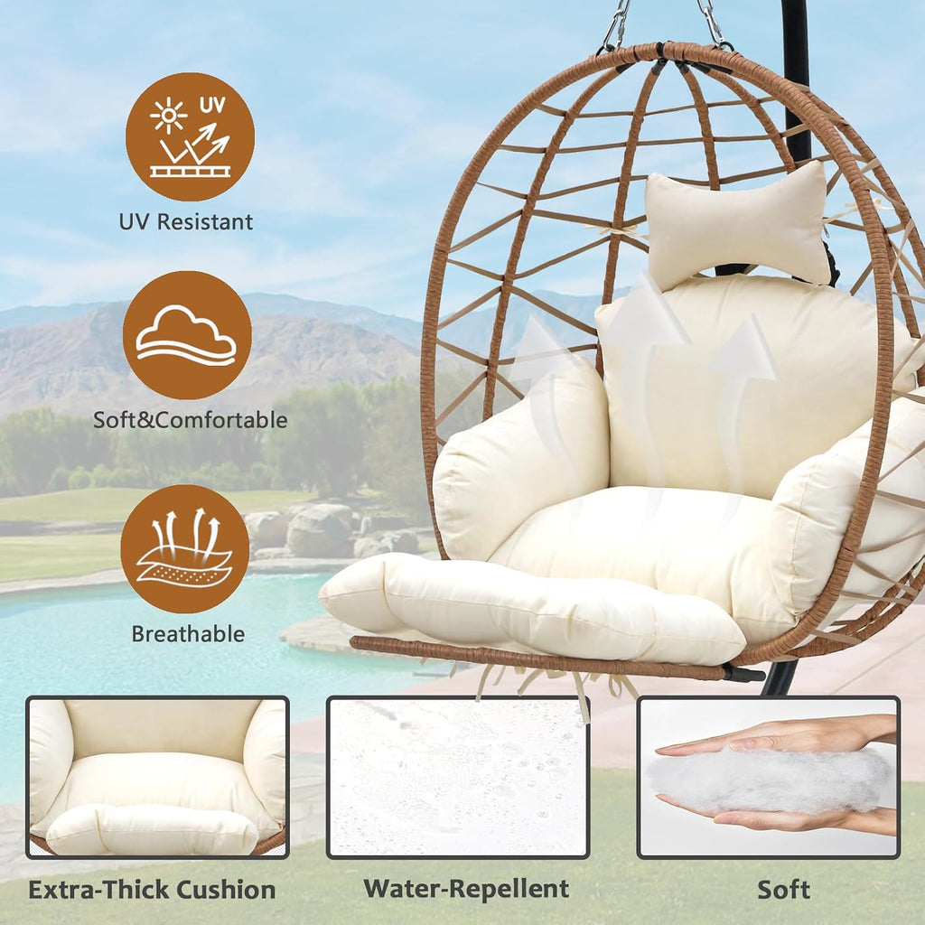 Outdoor Egg Chair with Sturdy Tripod Hammock Leg Rest and Hanging Lounge Chair Swinging Rattan Wicker Swing for Cozy Bedroom Balcony Garden Patio Porch Indoor Use