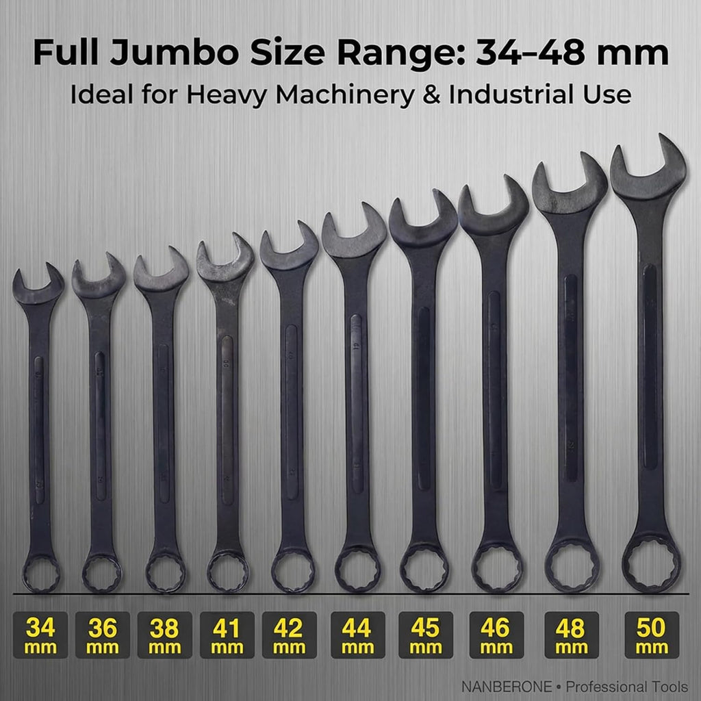 10PC Jumbo Combination Wrench Set, Metric 34–50mm, Heavy-Duty Cr-V Steel, Black Oxide Finish, Extra Large Wrench Kit with Storage Pouch