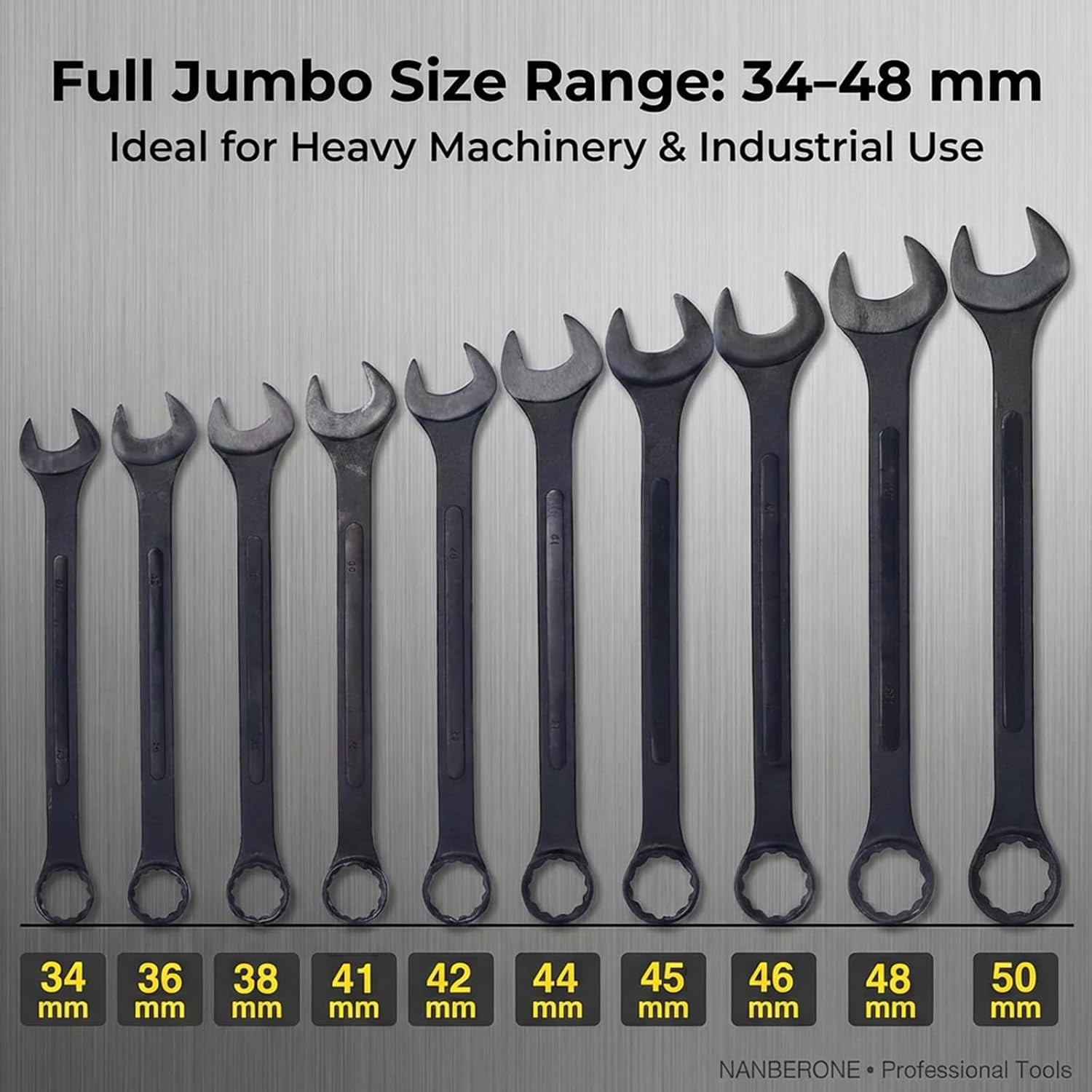10PC Jumbo Combination Wrench Set, Metric 34–50mm, Heavy-Duty Cr-V Steel, Black Oxide Finish, Extra Large Wrench Kit with Storage Pouch