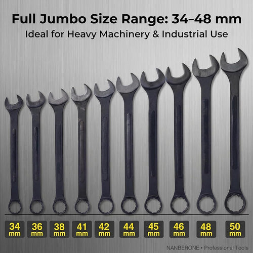 10PC Jumbo Combination Wrench Set, Metric 34–50mm, Heavy-Duty Cr-V Steel, Black Oxide Finish, Extra Large Wrench Kit with Storage Pouch