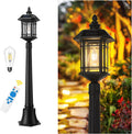 Emliviar Outside Solar Powered Post Light, Black Pathway Light with Remote Control, Dusk to Dawn LED Outdoor Solar Pole Lighting, Bulb Included, Seeded Glass, 2084PL-SL BK