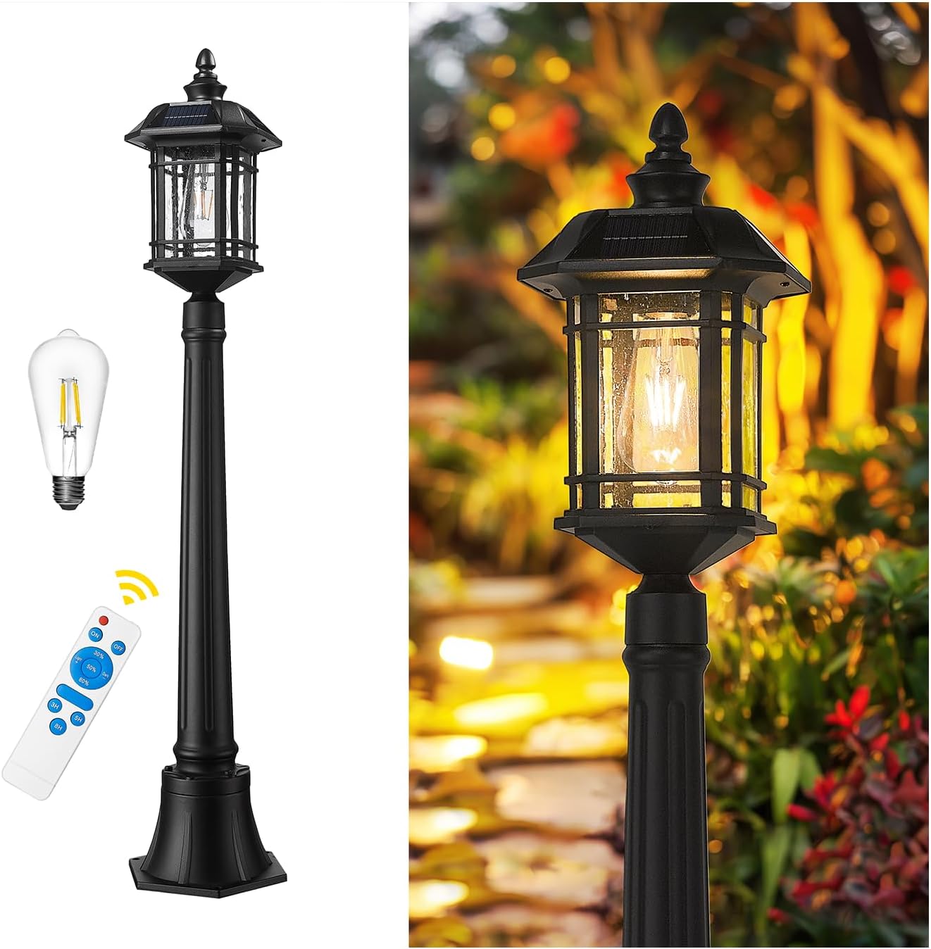 Emliviar Outside Solar Powered Post Light, Black Pathway Light with Remote Control, Dusk to Dawn LED Outdoor Solar Pole Lighting, Bulb Included, Seeded Glass, 2084PL-SL BK