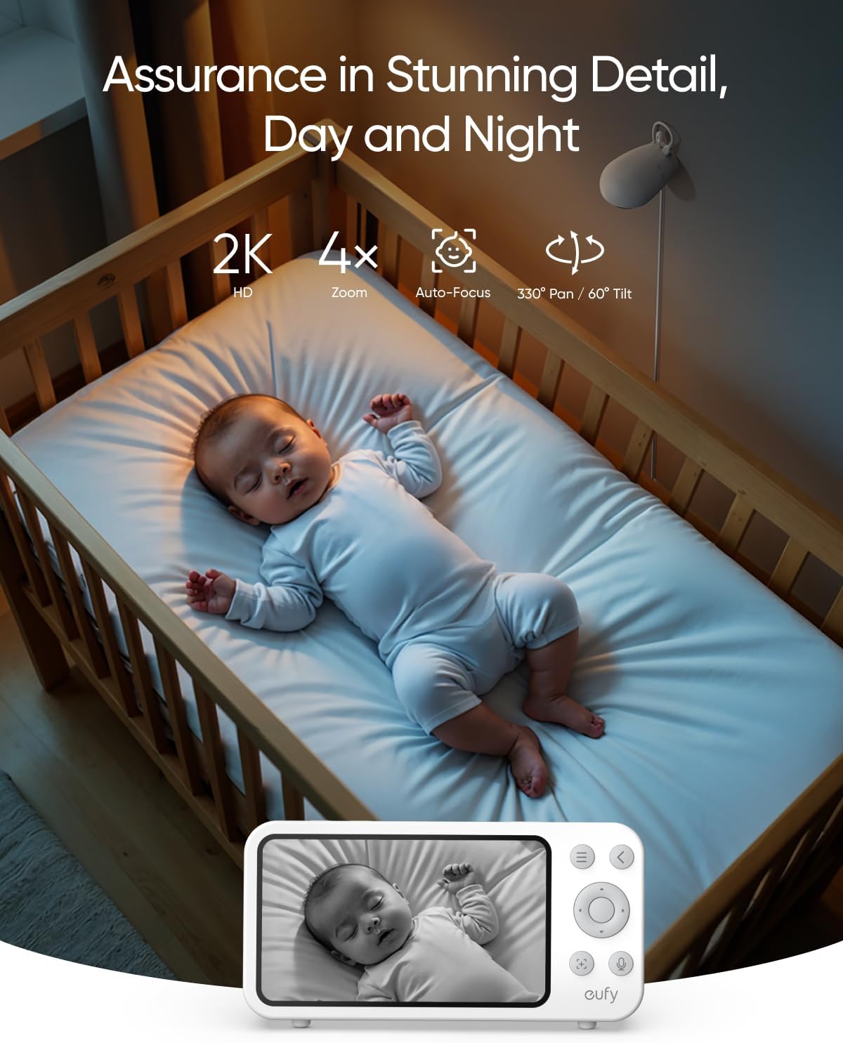 eufy Baby Monitor E20, 2K Resolution, 5'' 720p Display, Hybrid Connection, Wi-Fi & No Wi-Fi Control, Pan-Tilt, 4× Zoom, Night Vision, Built-in Battery Camera, ANR, Smart Alerts, 24/7 Recording
