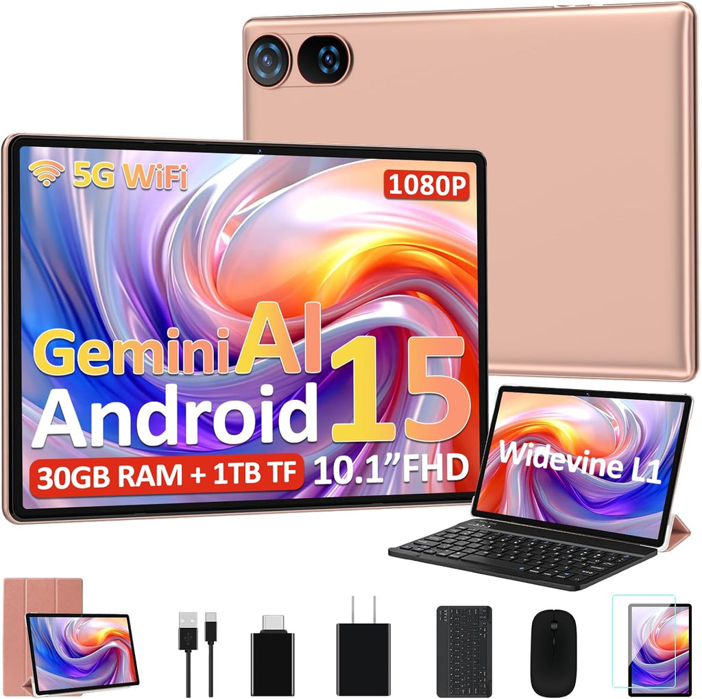 DMOAO Tablet, 2026 Android 15 Tablet with Gemini AI, 10.1 Inch FHD Display, 30GB RAM 64GB ROM /1TB TF, 6000mAh Battery, Octa-Core 2.0GHz, Widevine L1, 2 in 1 Tablets with Keyboard Mouse(Gold)