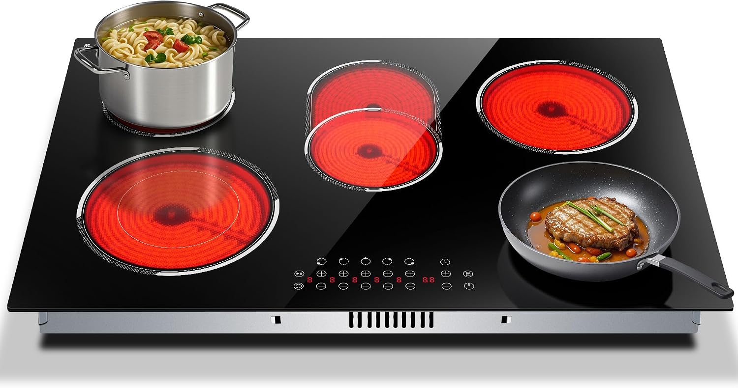 30 Inch Electric Cooktop, Built-in 5 Burner Electric Stovetop 8400W, 30' Glass Ceramic Cook Top with Expanded Zone, Child Safety Lock, Timer, Pause Control, 220V - 240V Hard Wire, No Plug