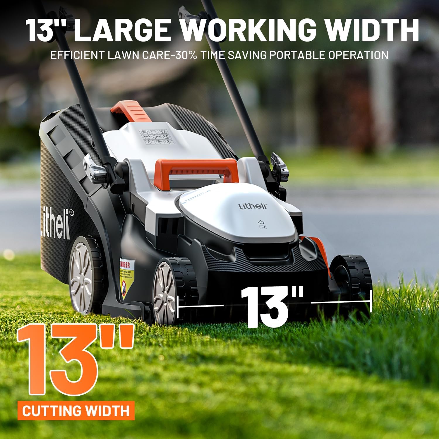 Litheli Electric Lawn Mower Cordless,Grass Cutter Machine for 1300 Sq.Ft. Lawnmower with Motor,13.2 in Cutting Width,8 Gallon Capacity,Cutting Height from 1 to 2.5 in with 4.0A Battery