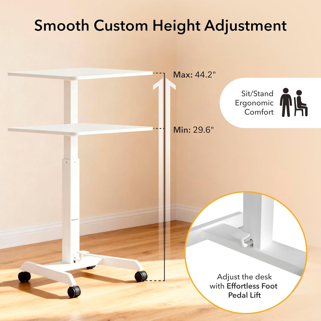 Mount-It! Adjustable Rolling Laptop Desk, Mobile Standing Desk with Wheels, Small Sit-Stand Computer Cart for Home, Office, or Classroom, 29.6–44.2' Height, 23.6'x20.5' Desktop, White