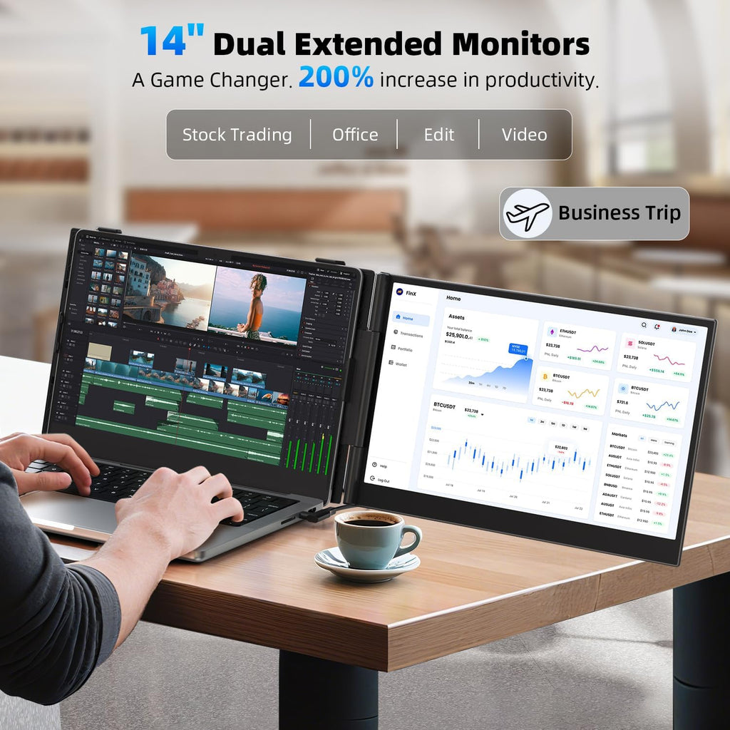 14' Dual Laptop Screen Extender with 1.3lbs - Ultra Thin Portable Monitor for Laptop Plug & Play, FHD 1080P Laptops Extended Monitor for 13'-17' Laptops, USB-C/HDMI Travel Display for Mac/Win