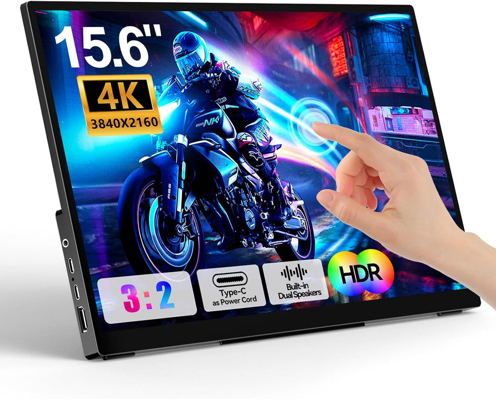4K Portable Touch Monitor, 15.6' inch 3840 * 2160 UHD w/USB-C HDMI Laptop Monitor, 2000:1 100% RGB IPS ，Aluminum Alloy Shell,10-Point Touch，Dual Speaker, HDR, for Home, Work