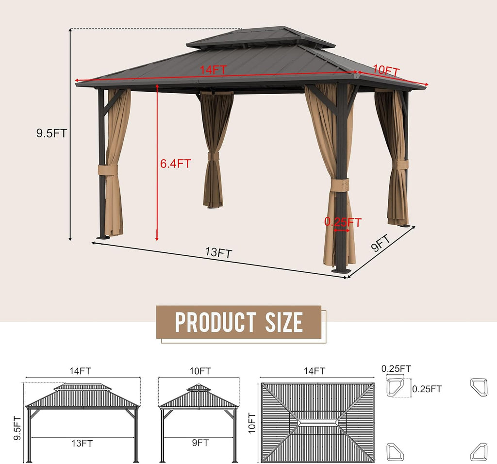 10'x14' Hardtop Gazebo, Outdoor Aluminum Frame Galvanized Steel Double Roof Pavilion with Netting and Shaded Curtains, Permanent Metal Pergolas for Patio, Backyard, Deck and Lawns.