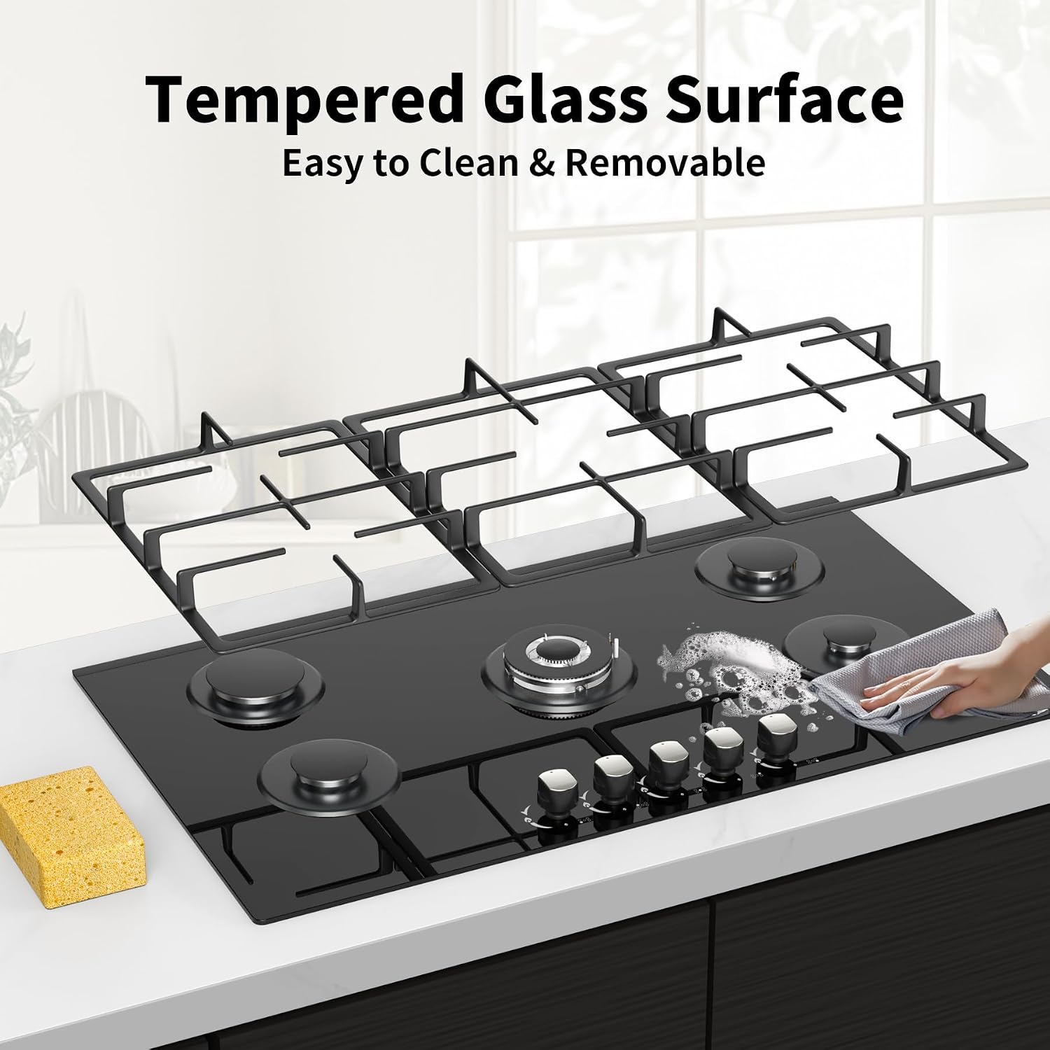 36 Inch Gas Cooktop Propane Stove, 5 Burner Built-in Gas Stove Top with Tempered Glass Panel, NG/LPG Dual Fuel Auto Ignition Propane Cooktop with Thermocouple Protection