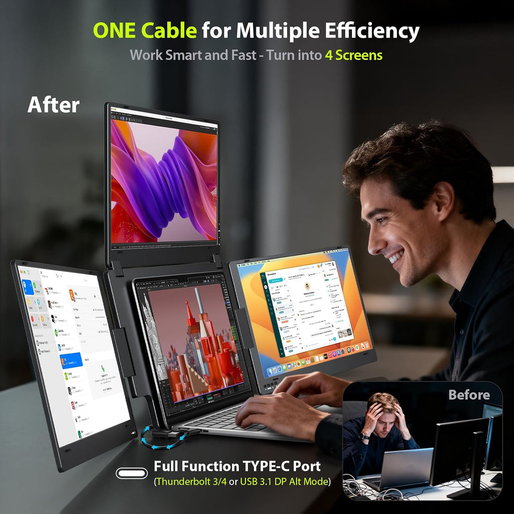 Triple Screen Laptop Monitor Extender, Quad Monitor 15.6' FHD 1080P Portable Triple Monitors, 1 USB-C Connection for 4 Screens, Integrated Aluminum Alloy, Auto Rotation Top Display for 12–17.3' Laptop