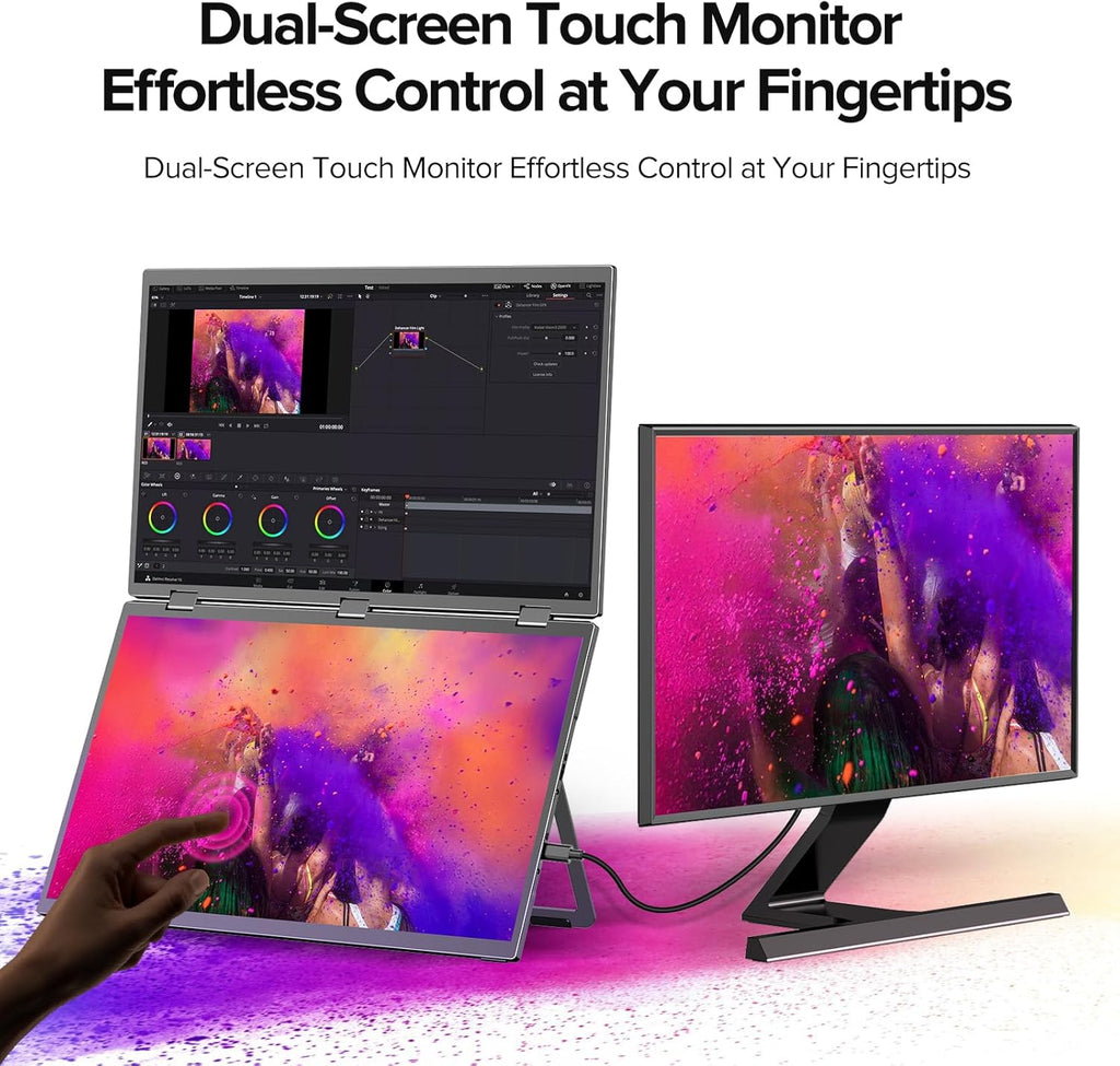 UPERFECT Delta 18.5' 100Hz Touchscreen Dual Portable Monitor, Laptop Screen Extender Stacked Triple Folding Monitor with Stand & VESA for Laptop PC Phone Game Console (No Driver Needed)