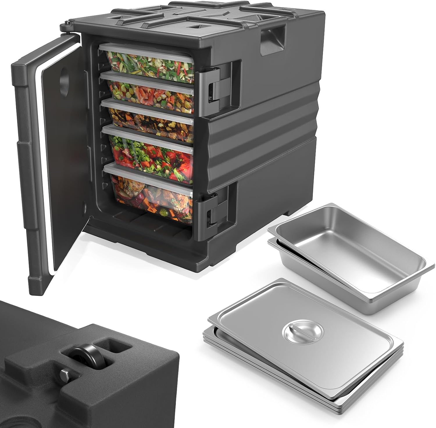 ROVSUN 82 QT Food Warmer, Catering Food Warmers Insulated Food Pan Carrier w/4 NSF Full-Size Pans Wheels Double Buckles and Handles, Stackable Hot Boxes for Catering Restaurant Canteen Family Party