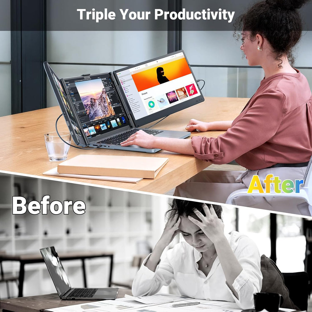 Ygretyrjh Laptop Screen Extender, 14' Triple Portable Monitor for Laptop, 1080P FHD IPS Screen Extender Monitors for 13'-17', Travel Monitor for Mac/Windows/Chrome, Built-in Speakers