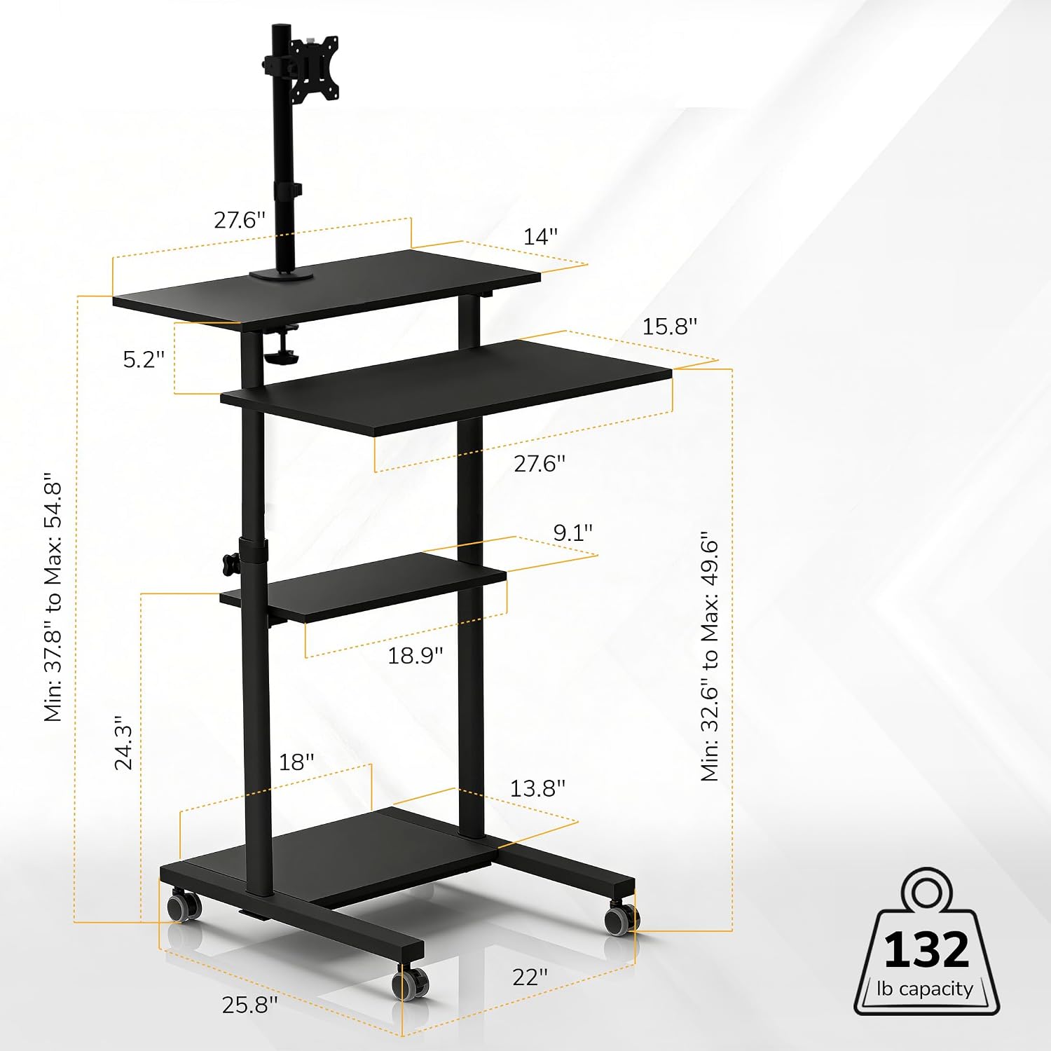 Mount-It! Mobile Computer Cart with Monitor Mount for Screen up to 32', Portable Desk on Wheels, Rolling Laptop Stand for Teachers, Office, Classroom, Rise up to 53', Podium, Keyboard Tray, Black
