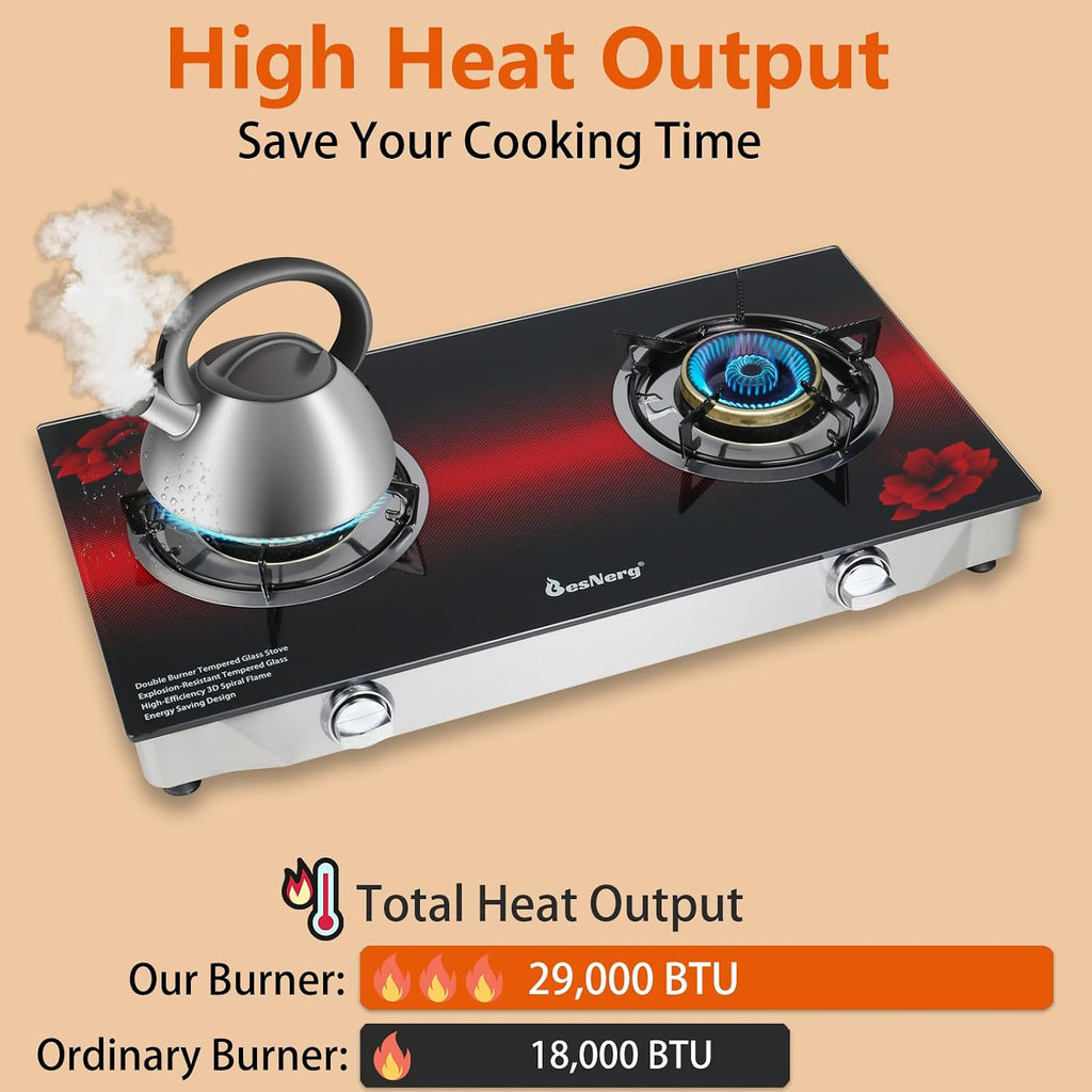 2 Burner Propane Gas Stove with Auto Ignition, 29000 BTU High-Efficiency Heavy-Duty Tempered Glass Cooktop, CSA Regulator & Hose Included, for Outdoor Camping Emergency