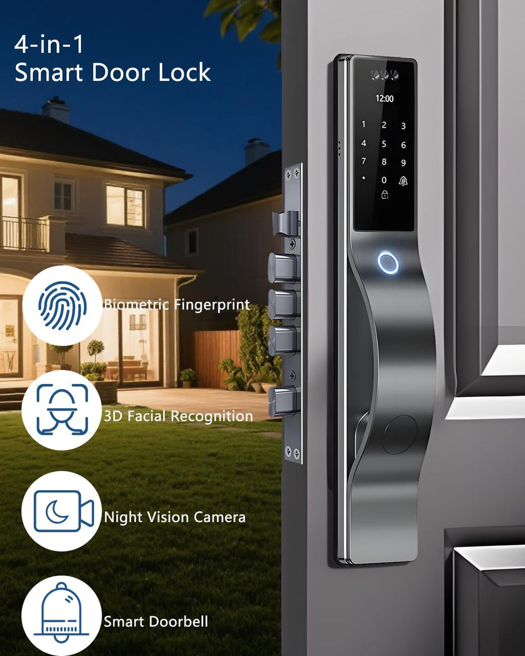 3D Face Recognition Door Lock with Lockbody, Video Smart Lock with Camera&Doorbell, Front Door Keyless Entry Lock, WiFi&Tuya APP Control/Fingerprint/IC Card/Password/Keys