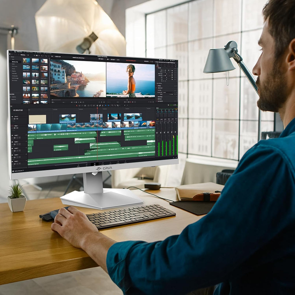 CRUA 27' 4K White Monitor, UHD(3840x2160P) IPS Panel, 60Hz Computer Monitor, Supports AMD Freesync, USB Type-C, 120% sRGB, Built-in Speakers, Wall Mountable, for Work, Streaming, and Home Office