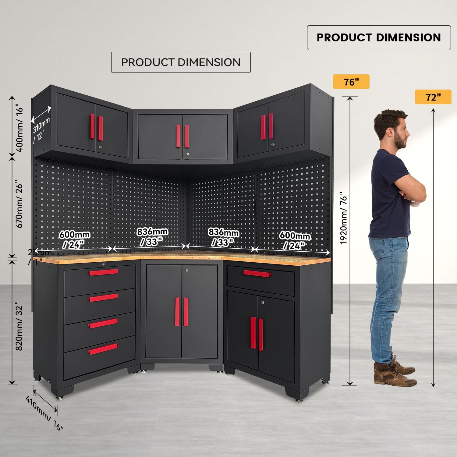 Corner Workshop Set - 10-Pcs Garage Cabinets and Storage System with Corner Cabinet, Cabinet Drawers, Workbench, Pegboard for Tool Organization Workshop, Red and Black
